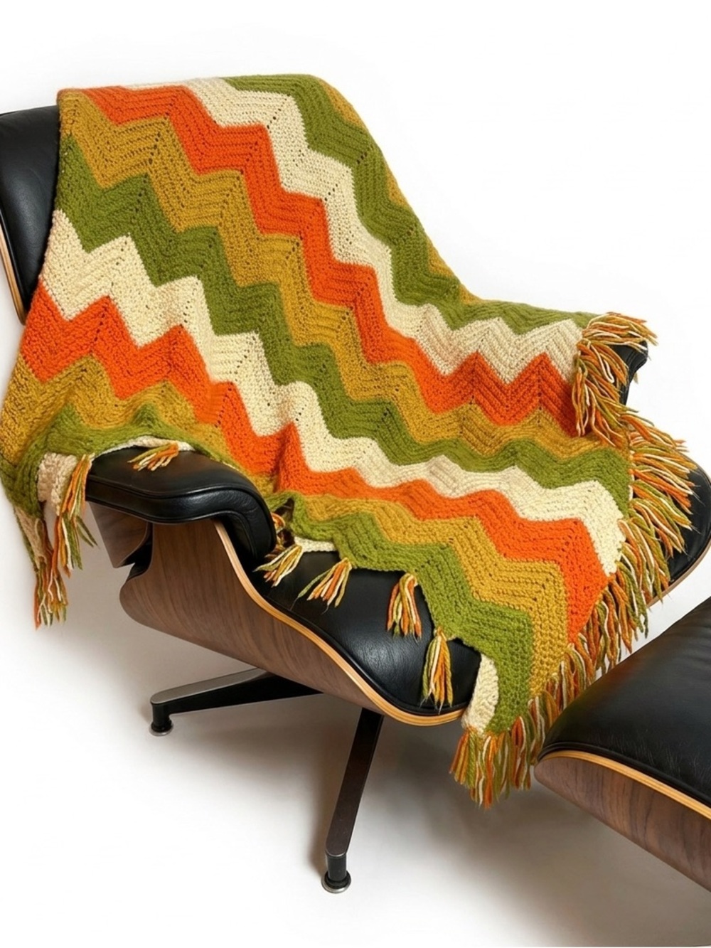 Vintage Zigzag Crochet Handmade Multicolor Fringe Throw Grandma Lap Blanket